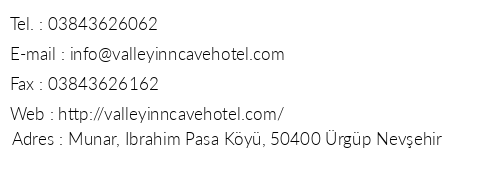 Valley nn Cave Hotel telefon numaralar, faks, e-mail, posta adresi ve iletiim bilgileri